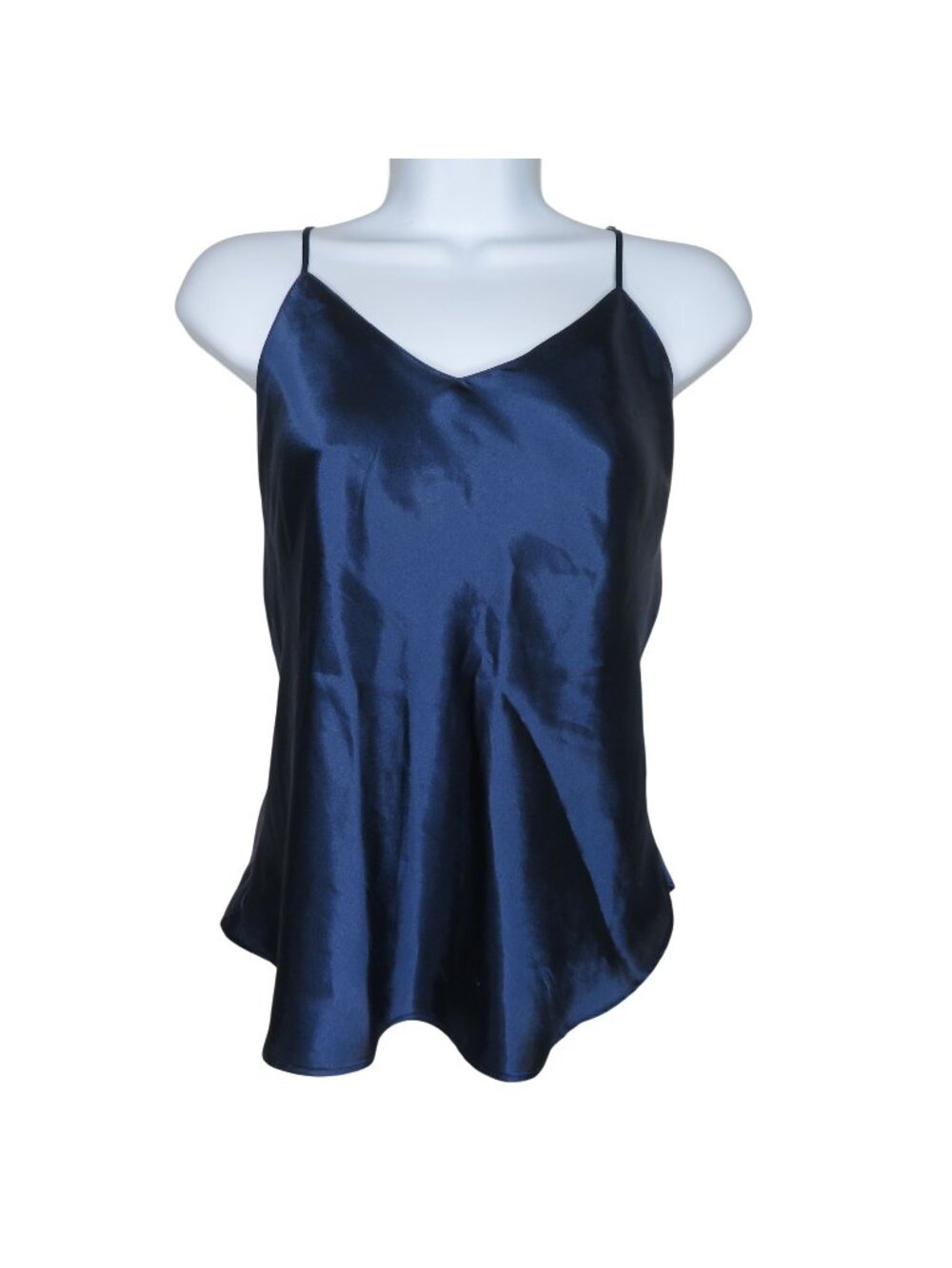 Vintage Satin Navy Blue Camisole Adjustable Spaghetti Straps V-Neckline Womens S